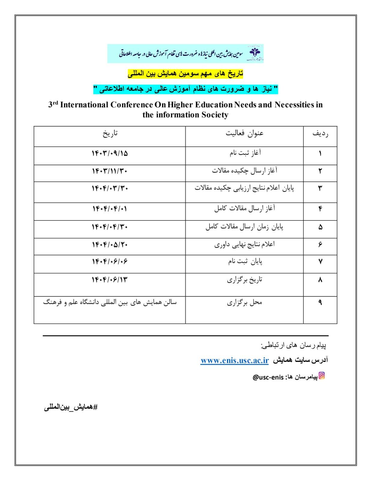 تاریخ های مهم سومین همایش بین المللی